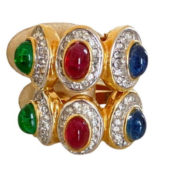 Vintage 80s Unsigned Christian Dior Earrings HuggiesCabochon and Pave Rhinestone - Picture 2 of 8